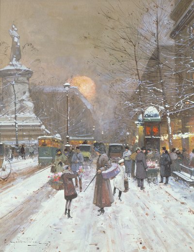 Cena de neve parisiense de Eugene Galien Laloue